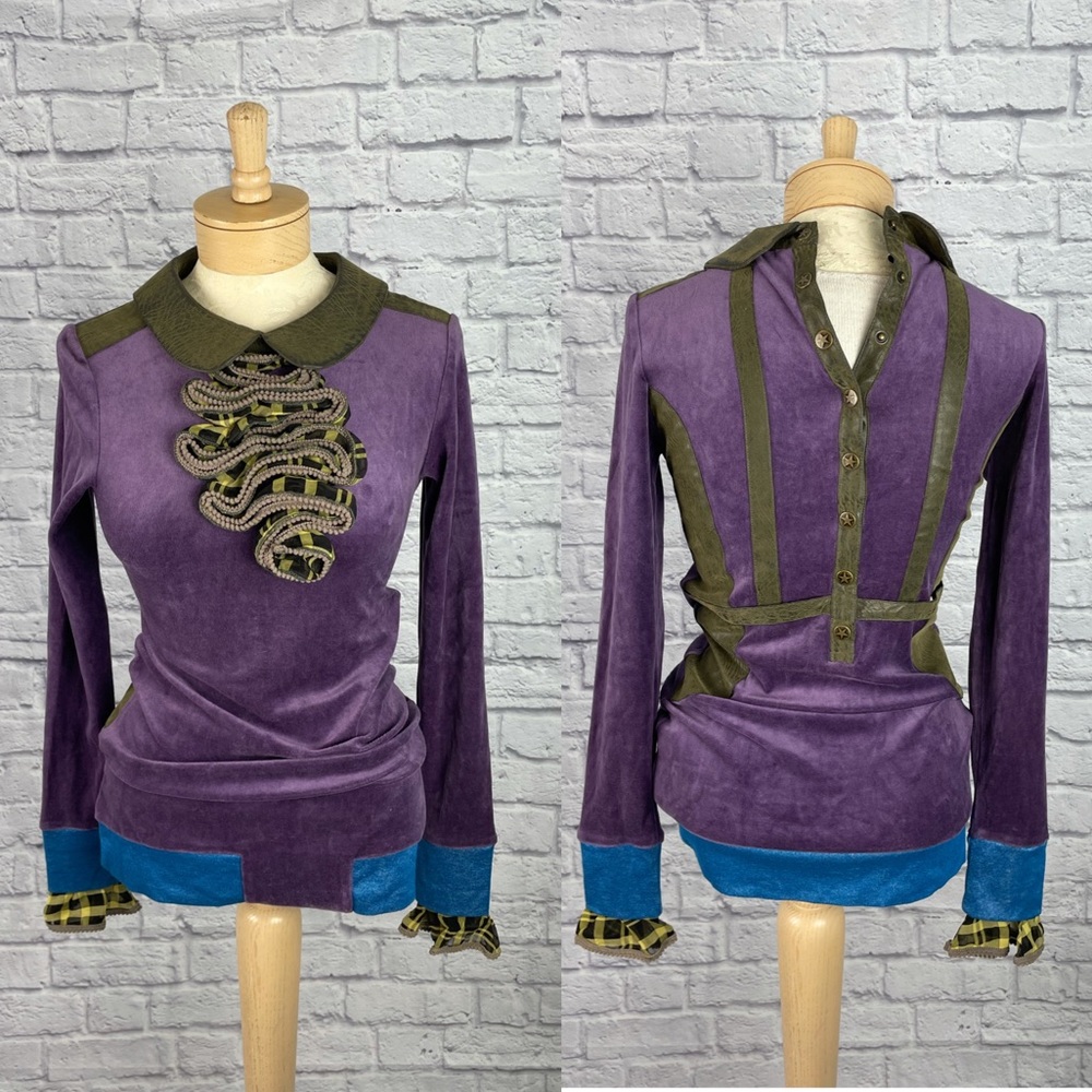 Nuvula Purple Velvet Funky Tunic Leather Button Back Top Size S